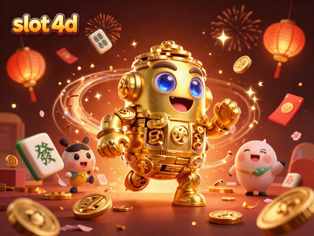 Menangkan slot 4d dengan golem emas berputar dan simbol slot dinamis dalam ilustrasi penuh warna.