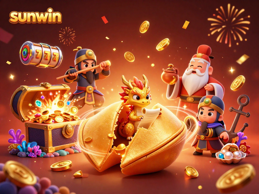 Experience sunwin's vibrant casino scene with a golden fortune cookie and dynamic gaming elements.