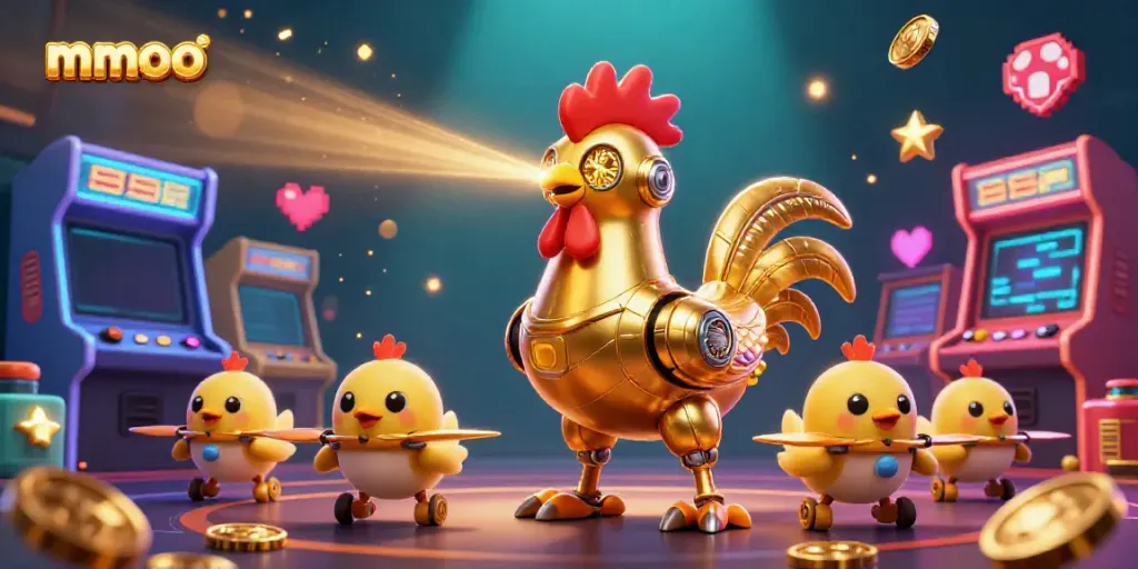 Engaging casino scene featuring mmoo-themed golden rooster robot and drones amidst vibrant game elements.