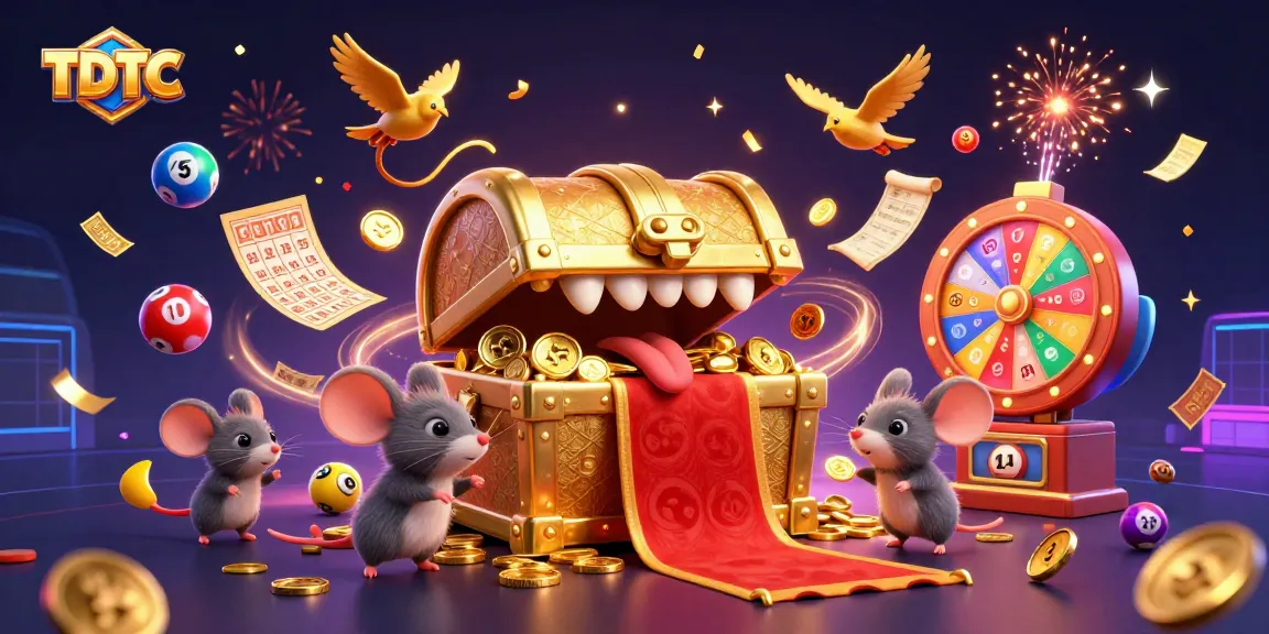 Join the adventure at TDTC with a treasure chest surrounded by colorful, dynamic lottery elements.