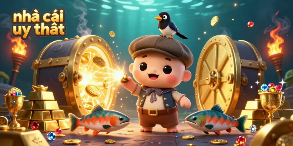 Engage with nhà cái uy tín in a vibrant, detailed 3D scene, featuring a playful cartoon baby Nessie and sparkling treasure elements.