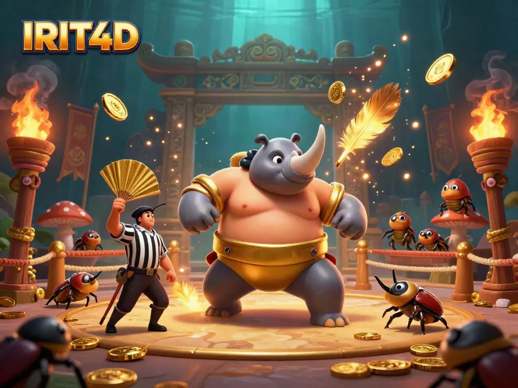 Experience thrilling wins at IRIT4D with the dynamic action of a sumo champion beetle in a casino setting.