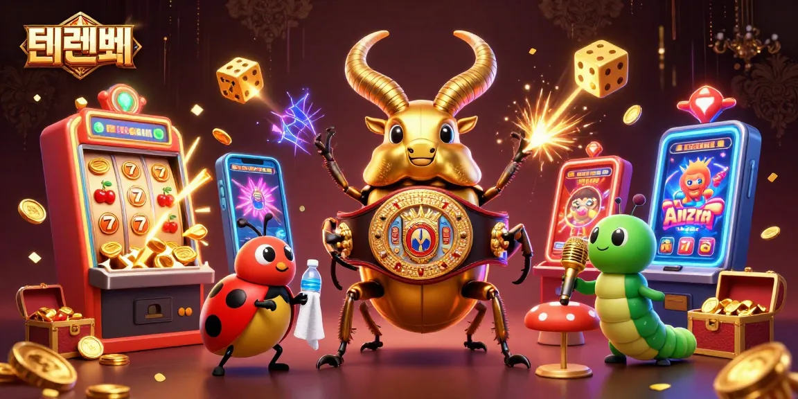 Engage with 텐텐벳's vibrant casino theme featuring a golden beetle champion against dynamic slot scenes and a colorful gaming atmosphere.