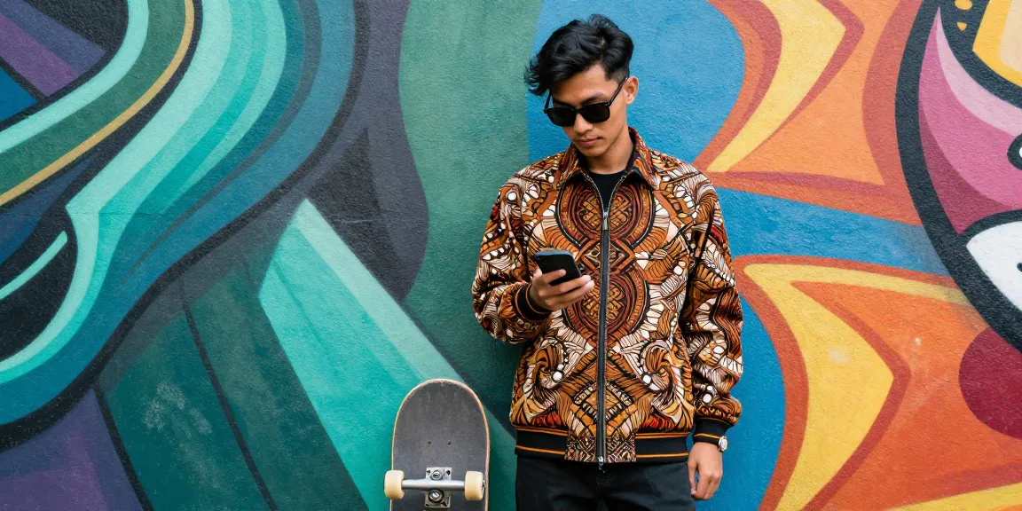 Model mengenakan batik88 dengan latar mural berwarna-warni, menonjolkan gaya hidup urban.