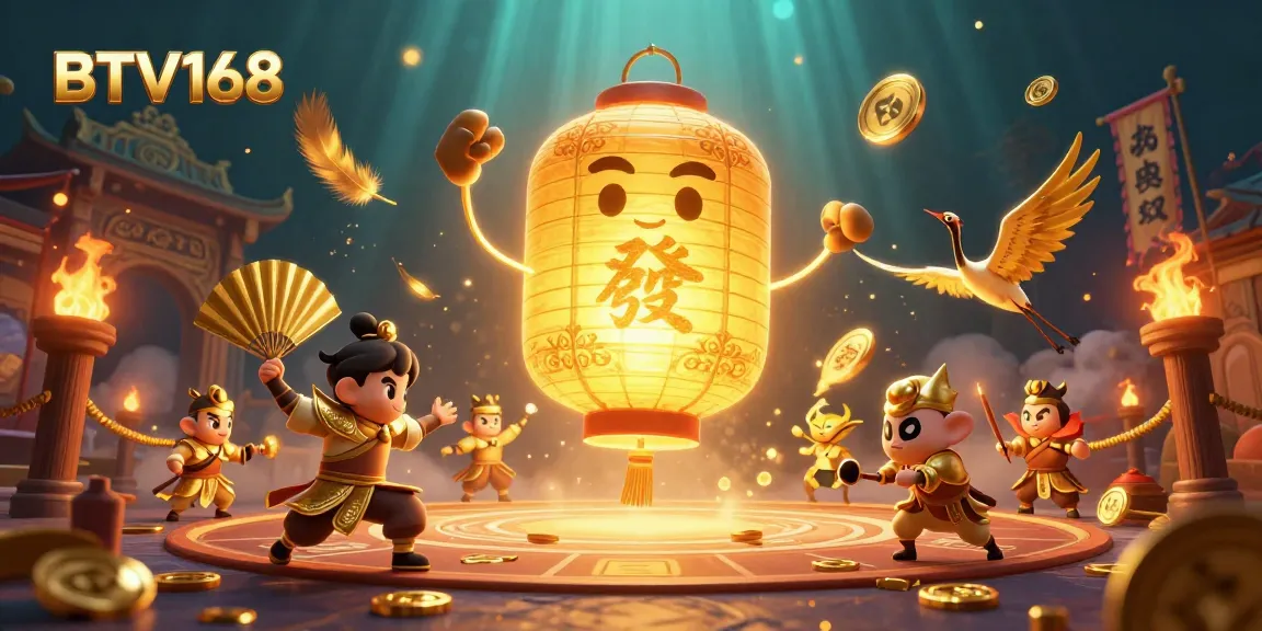 Experience thrilling action with BTV168 in a vibrant casino scene featuring lucky symbols and golden lanterns.