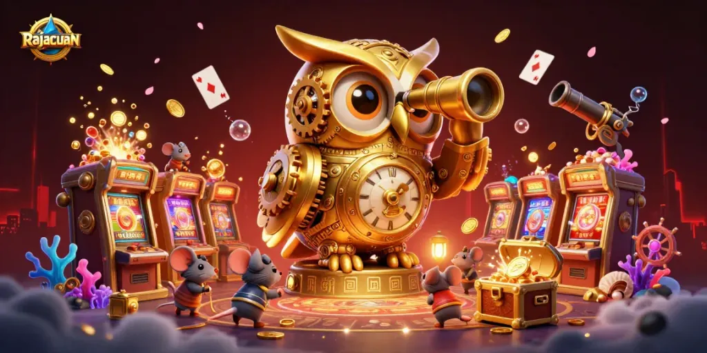 Rajacuan brings excitement to the casino floor with a golden owl overseeing gold explosions from treasure chests.