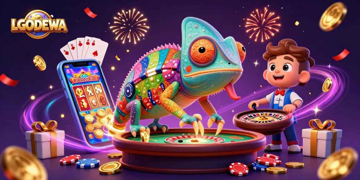 Experience the excitement of LGODEWA with a vibrant casino illustration featuring a chameleon owner amidst golden coins, slot machines, and more.