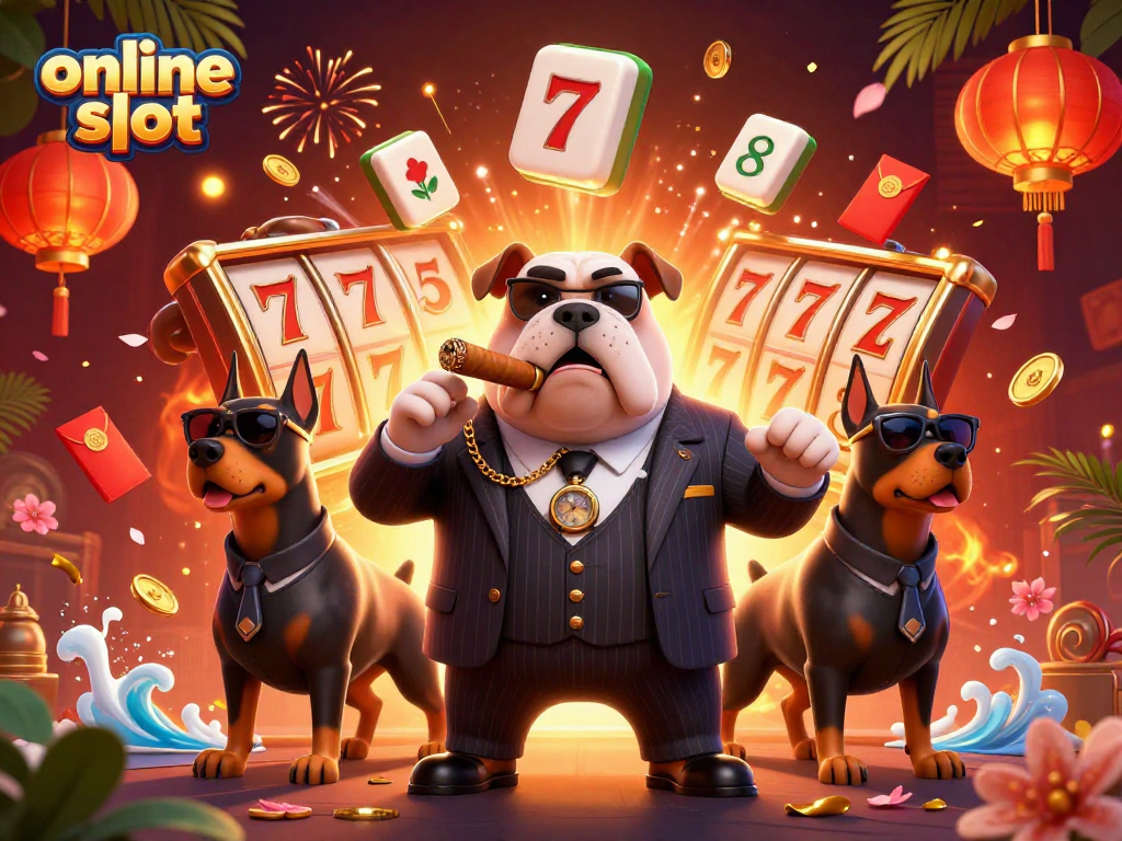 Experience thrilling online slot gameplay with a mafia boss bulldog and bodyguards amidst vibrant casino elements.