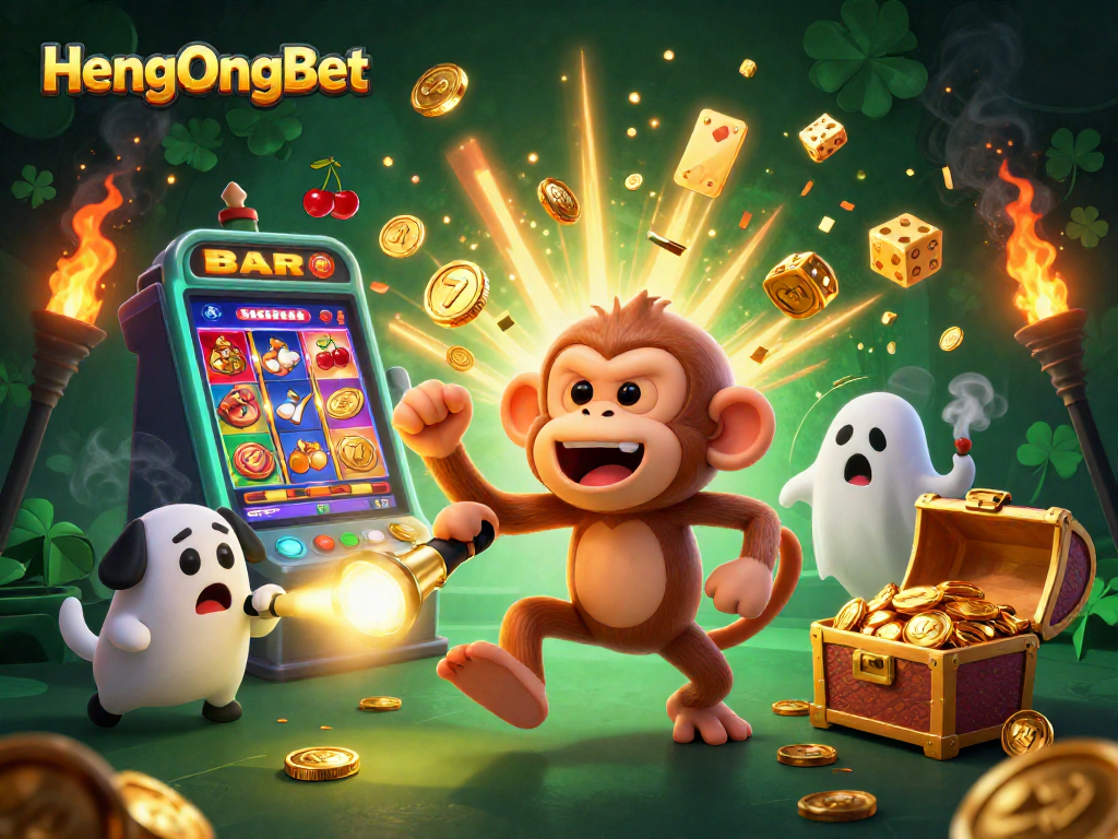 Experience thrilling wins at HengOngBet with a lively haunted casino scene featuring gold coins and a playful monkey.