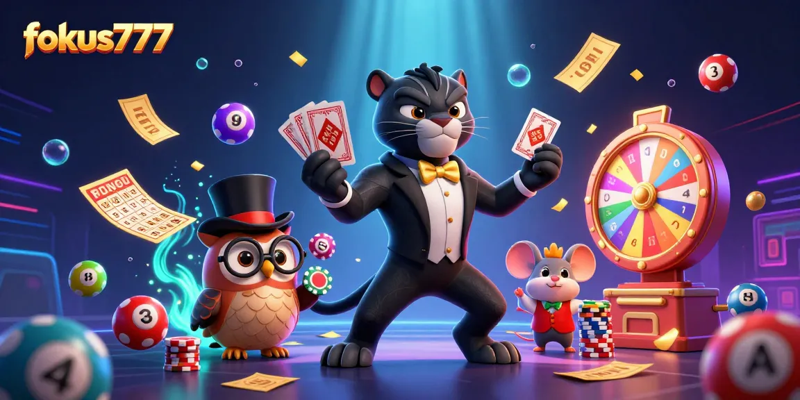 Experience the excitement of fokus777 with a stylish panther dealing cards amid vibrant gaming elements.