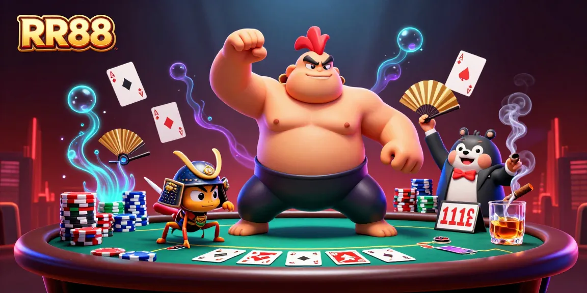 Experience the excitement of RR88 with a dynamic casino scene featuring mythical characters and poker elements.