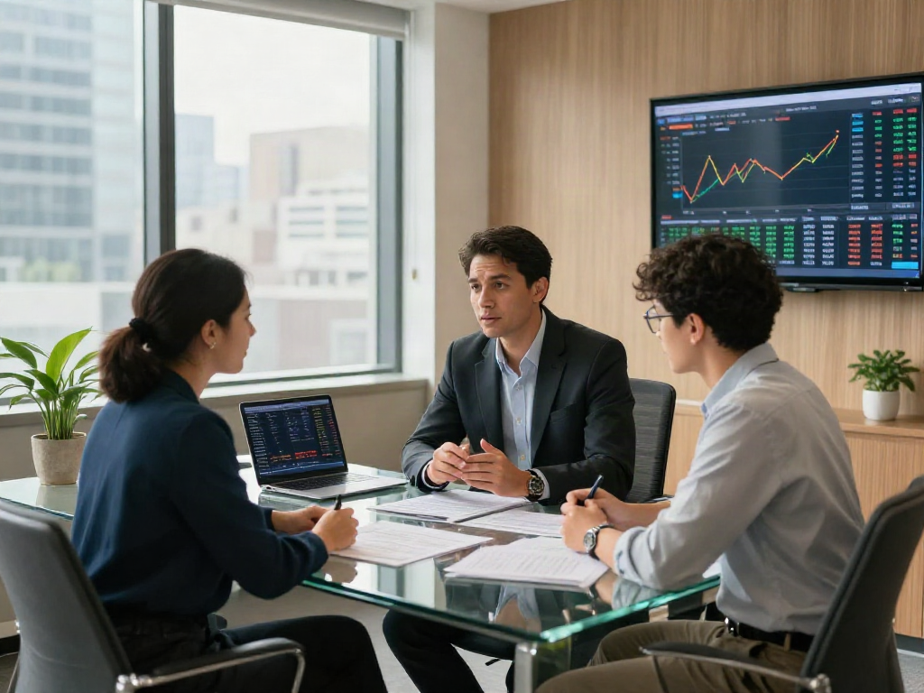 Financial advisor discussing strategies to deposit 10k with clients in modern office.