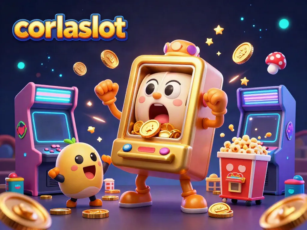 Experience the excitement at corlaslot with a golden slot machine hitting its jackpot, surrounded by cheering mini machines.