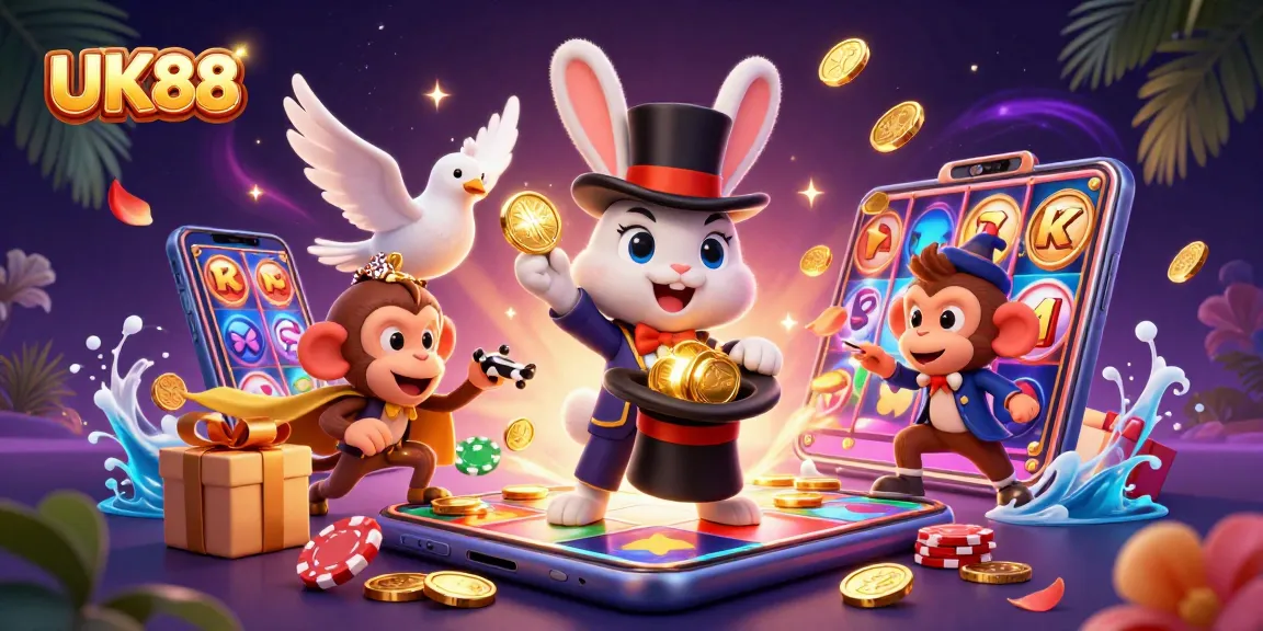 Engage with the UK88 magic casino scene, featuring a rabbit magician and charming companions.