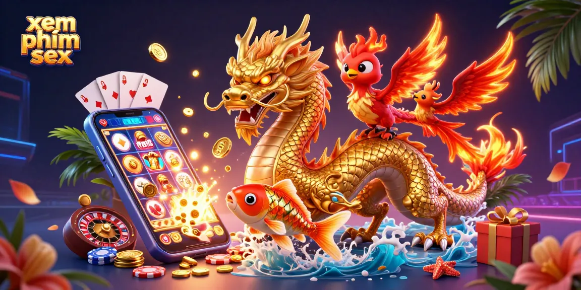 Play slots and enjoy xem phim sex with a vivid casino scene featuring a dragon and phoenix.