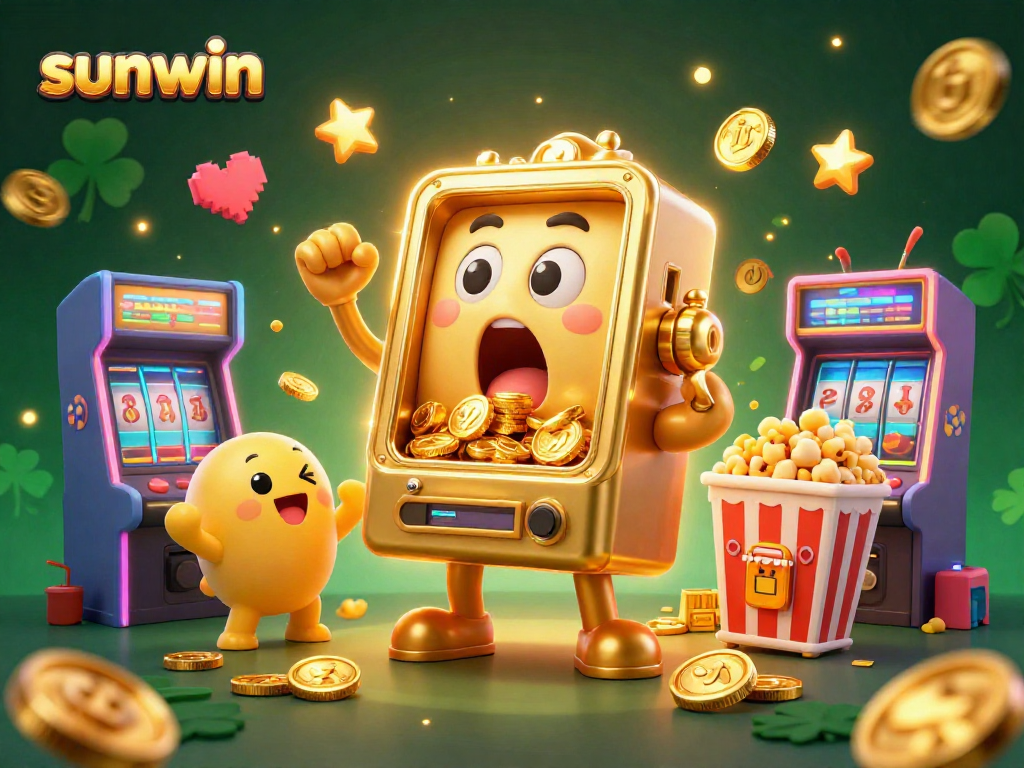 sunwin slot machine hits jackpot with coins pouring out, while baby slots cheer
