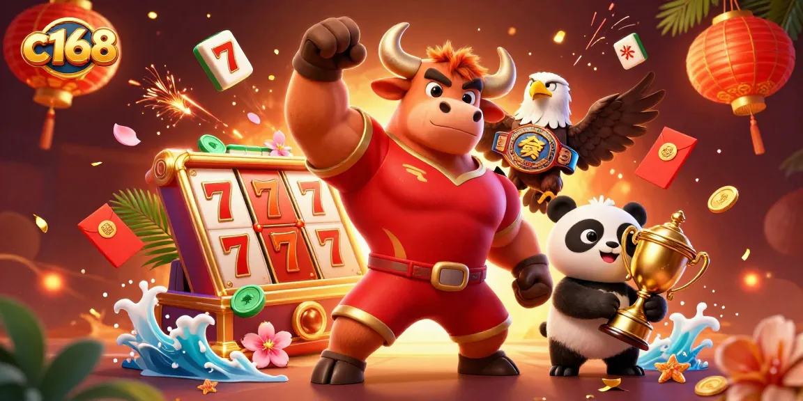 c168 showcases a vibrant 3D illustration of a bull mascot celebrating with casino elements.