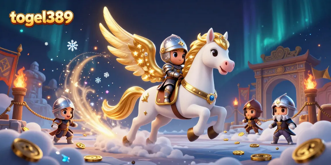 Engage with togel389's thrilling jackpot adventure featuring a celestial horse and knight amidst vivid gambling elements.
