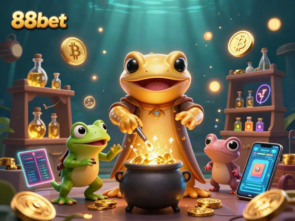 Experience the magic of 88bet with a golden alchemist scene, showcasing vibrant casino treasures and crypto elements.