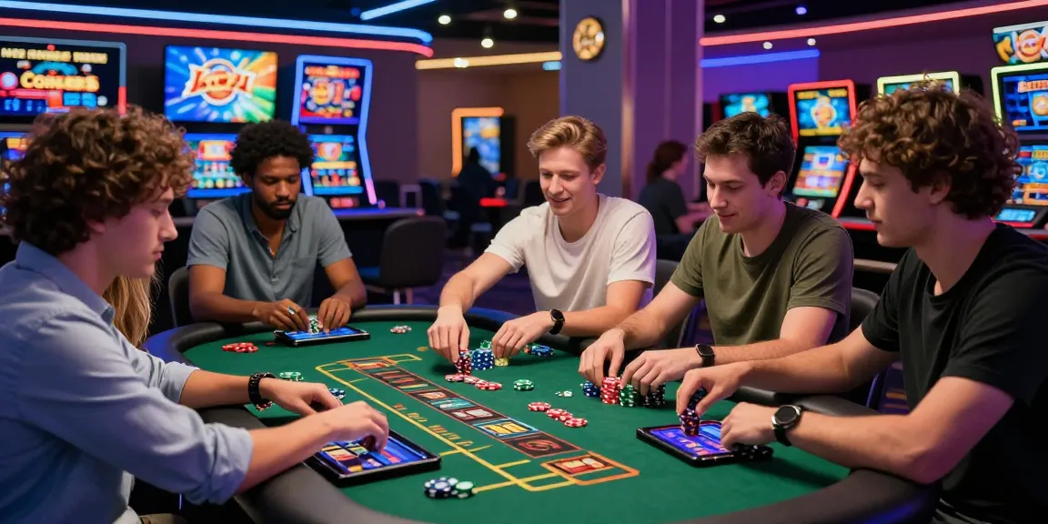 New online casinos scene featuring friends enjoying live dealer games at a vibrant casino table.