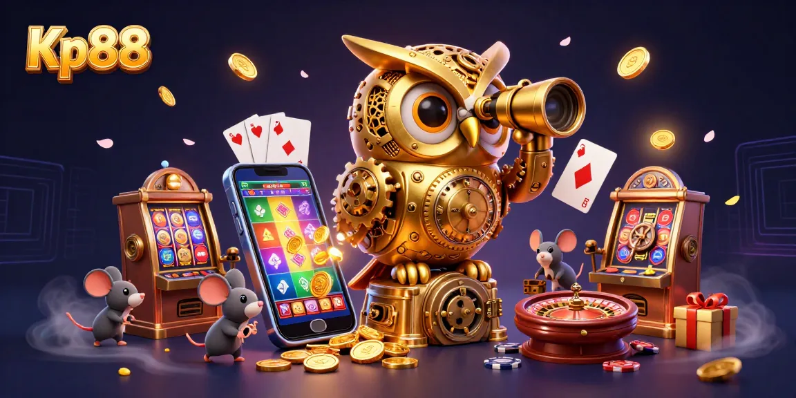 Kp88 offers an exhilarating gaming experience with its vibrant scene of spinning slots and golden coins flying amidst a magical casino atmosphere.