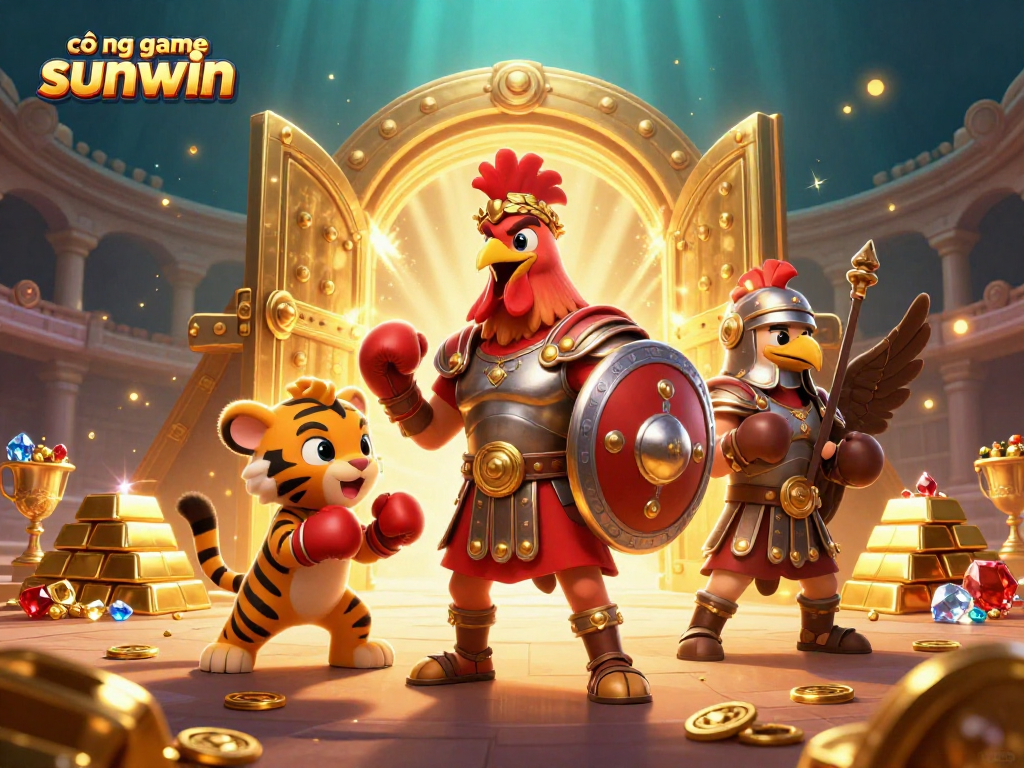 Experience the excitement of cổng game sunwin through this vibrant 3D illustration of casino treasures and adventurous characters.