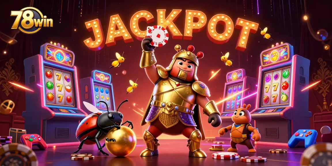 78win showcases a victorious beetle surrounded by vibrant slot machines and neon lights.