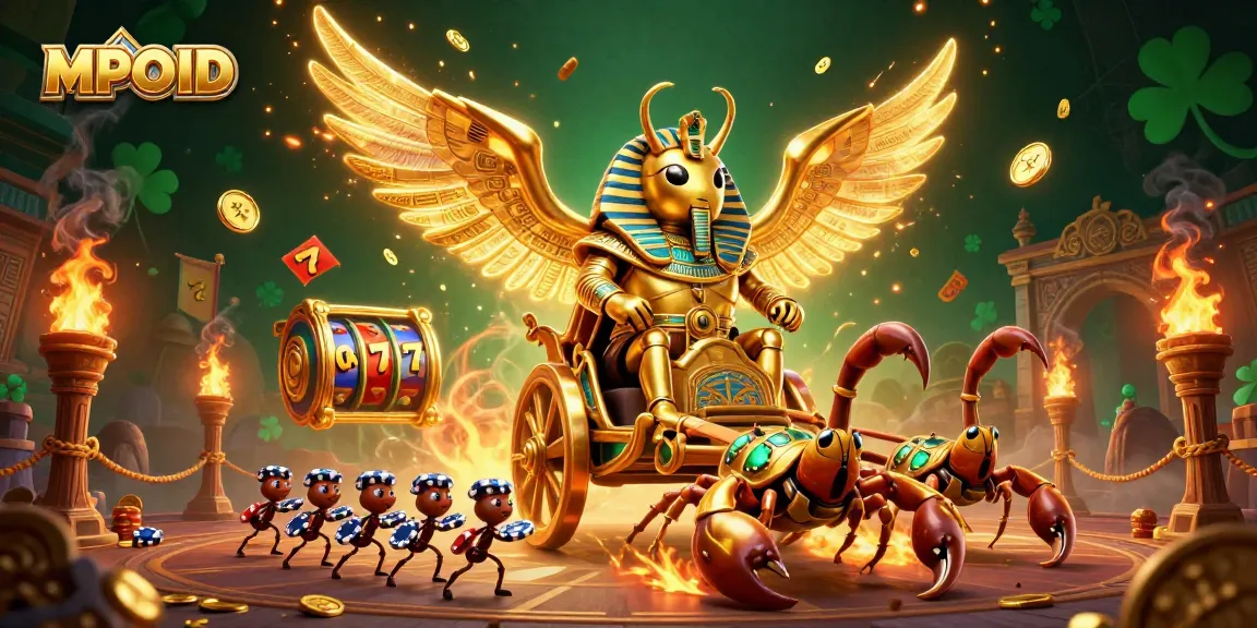 MPOID defines excitement with a colossal golden beetle chariot amidst slot reels and gambling symbols.