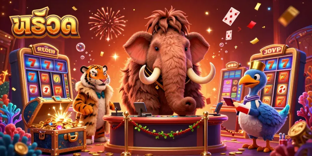 Experience the thrill of สล็อต with a dynamic casino scene featuring cartoon characters amidst vibrant slot elements.