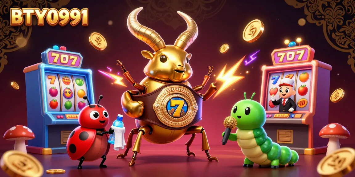 Engage with BTY0991 in a vibrant gaming scene featuring a giant beetle boxing champion and playful gaming elements.