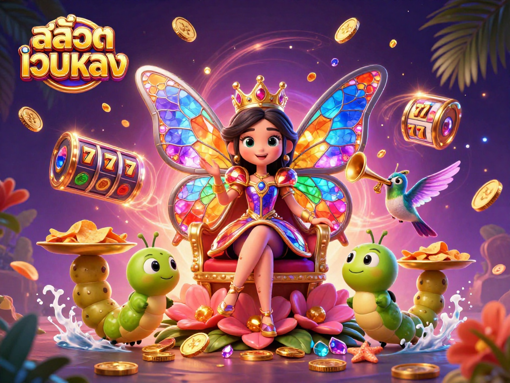 Spin the reels and win big at สล็อตเว็บตรง, featuring a vibrant butterfly queen and jackpot elements.