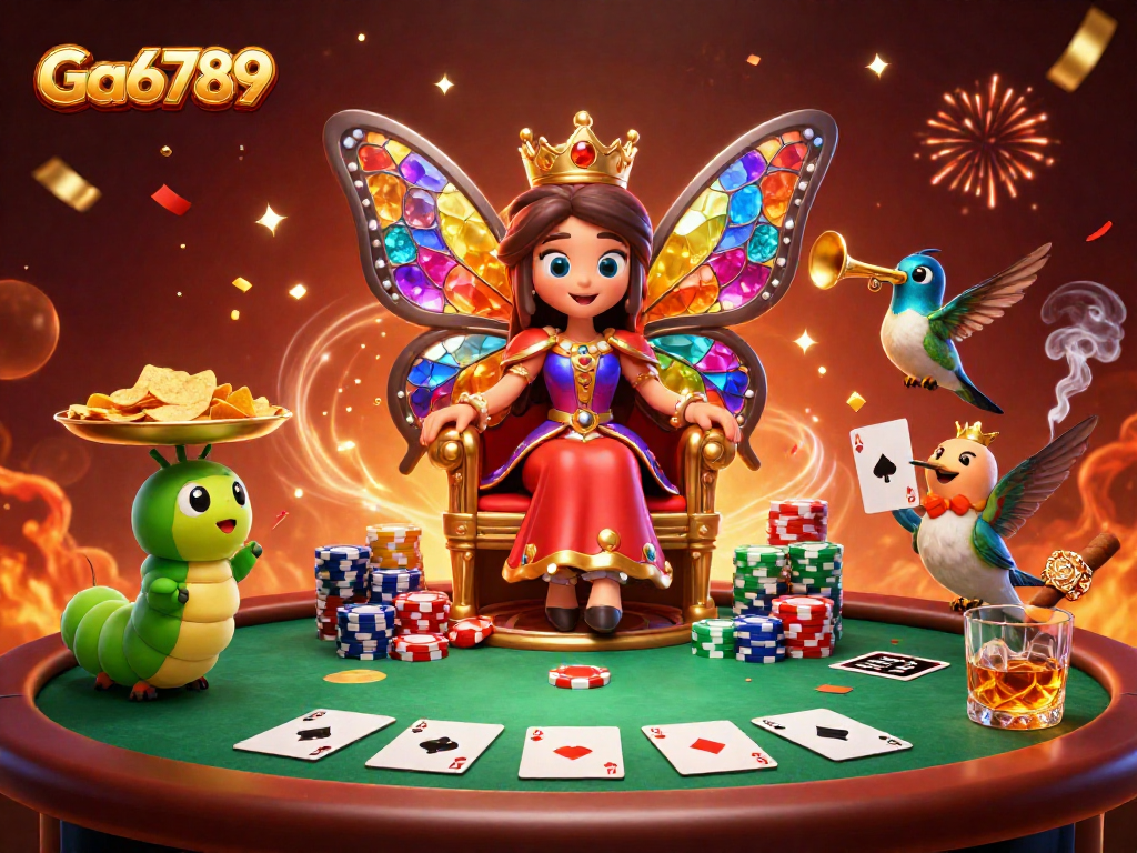 Ga6789 celebrates with a vibrant poker scene featuring a butterfly queen and rich elements.