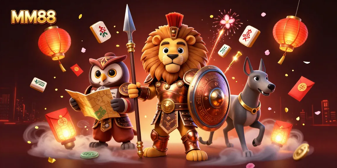 Engage in thrilling gameplay at MM88, where the Spartan lion and friends celebrate the excitement of online betting.