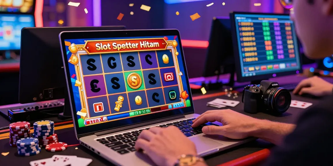 Player enjoying Slot Scatter Hitam game on laptop with vibrant casino elements.