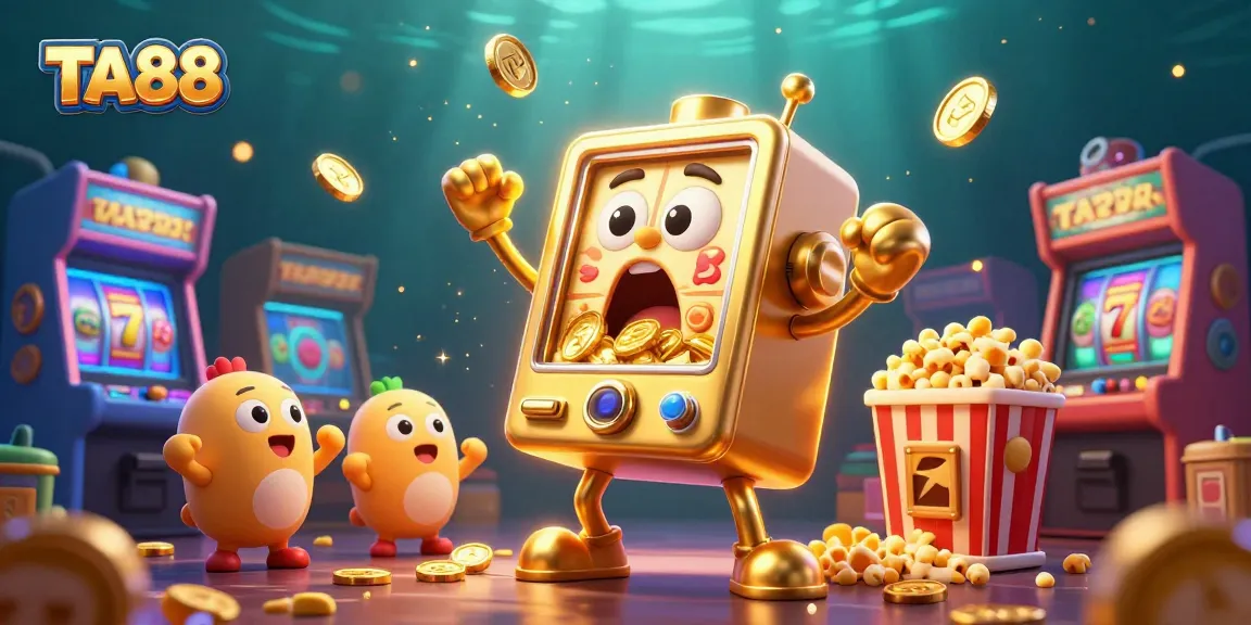 TA88 slot machine celebrates a jackpot achievement as golden coins pour out in a vibrant casino scene.