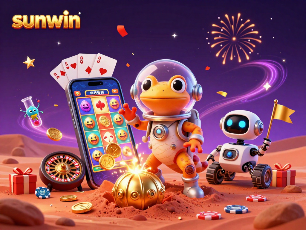 Engage in thrilling gameplay at sunwin with a Martian gecko exploring a golden casino.