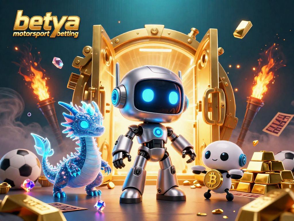 Engage in betya motorsport betting surrounded by a vibrant cyberpunk scene with robots and treasure.