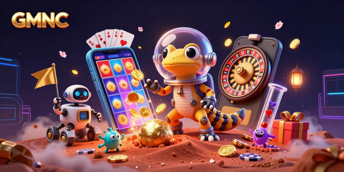 GMNC showcases a Martian gecko discovering a golden casino amid vibrant slot games and exciting gambling elements.