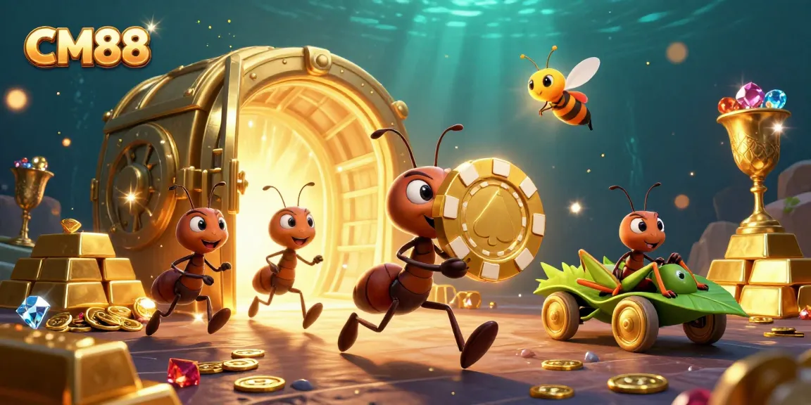CM88 ants execute a heist for a giant poker chip in a vibrant underground scene filled with casino treasures.