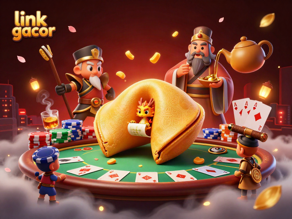 Engage in the vibrant world of link gacor with a 3D illustration of a golden fortune cookie and dynamic poker elements.