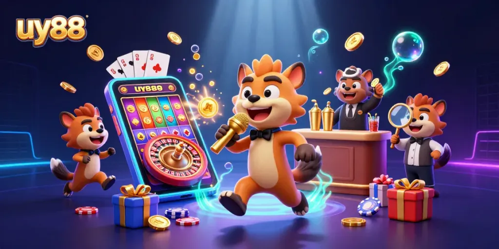 Experience the excitement of uy88 with hyenas entertaining in a vibrant casino environment.