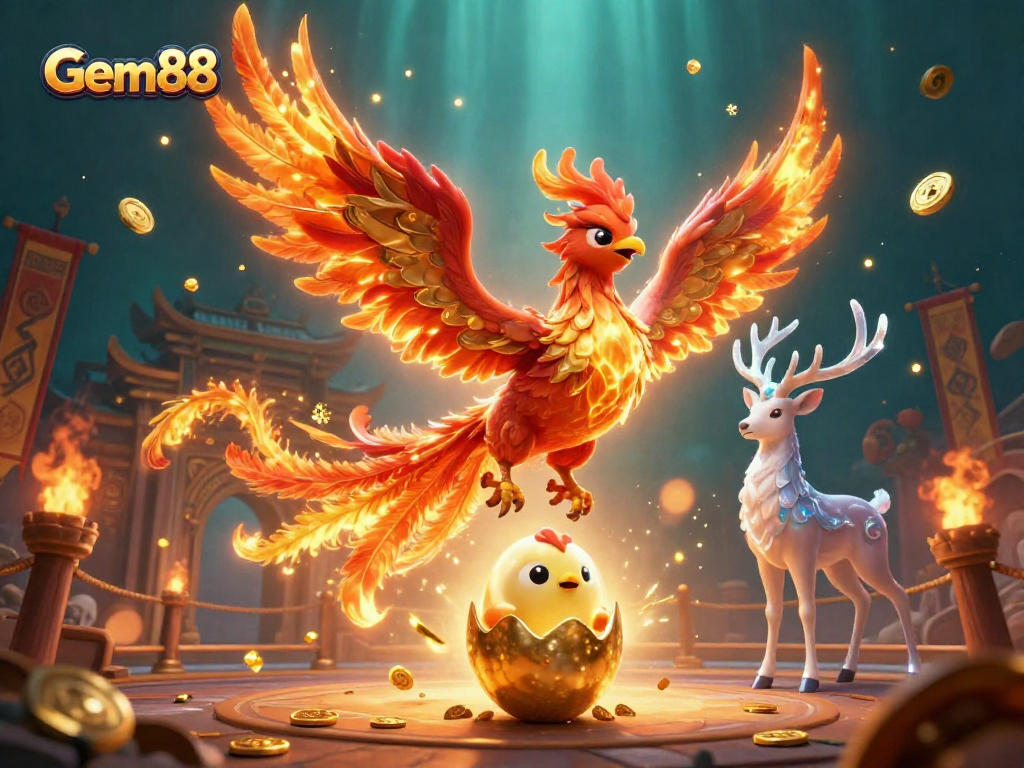Experience Gem88 gaming with a vibrant phoenix and mystical stag in a rich casino-themed scene.