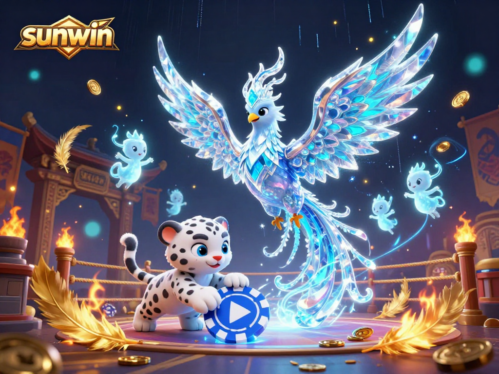 Engage with the sunwin casino atmosphere featuring a vibrant 3D scene of characters and dynamic gaming elements.