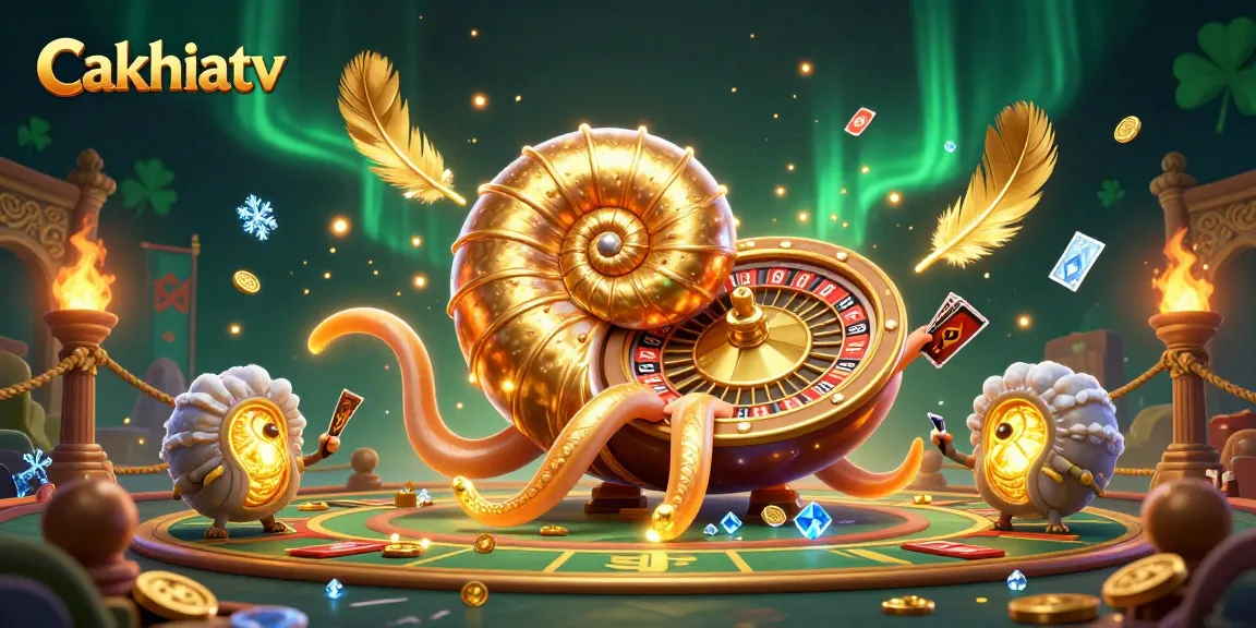 Cakhiatv features a majestic nautilus roulette wheel with cards in a vibrant casino scene.