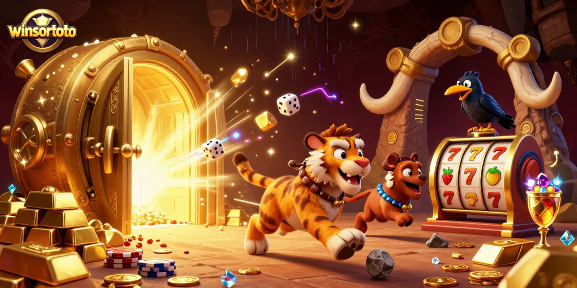 Engaging 3D casino scene with winsortoto logo where a caveman and sabertooth run a prehistoric casino.