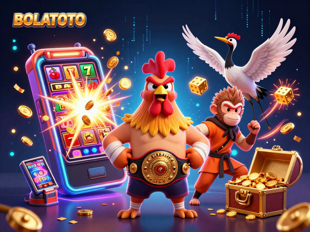 BOLATOTO showcases a vibrant casino scene with characters celebrating a thrilling jackpot.