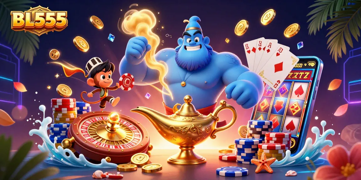 Engage with BL555's thrilling casino experience featuring a genie and magical elements.