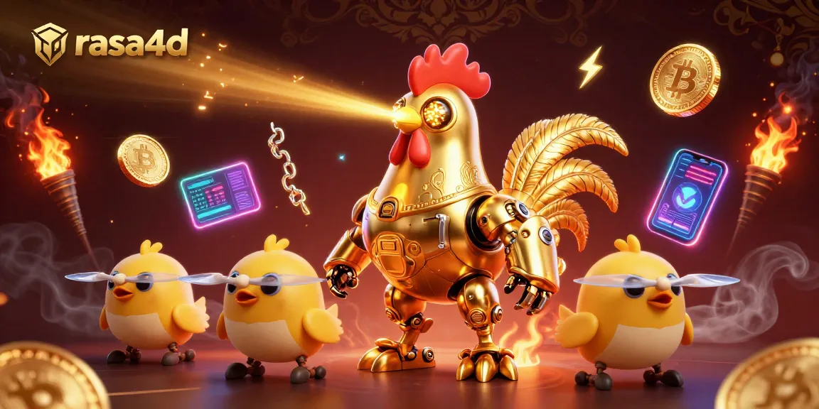 Rasa4d menangkap momen seru dengan robot ayam emas futuristik bermain judi daring.