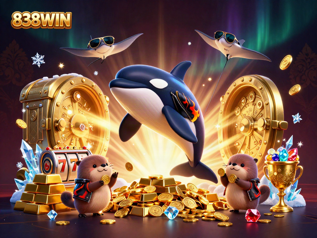 Join the excitement of 838WIN with vibrant 3D casino characters amid dazzling treasures.