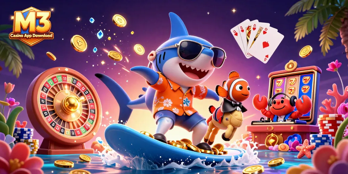 Experience the thrill with M3 Casino App Download featuring a shark surfing on gold coins amidst a vibrant casino scene.